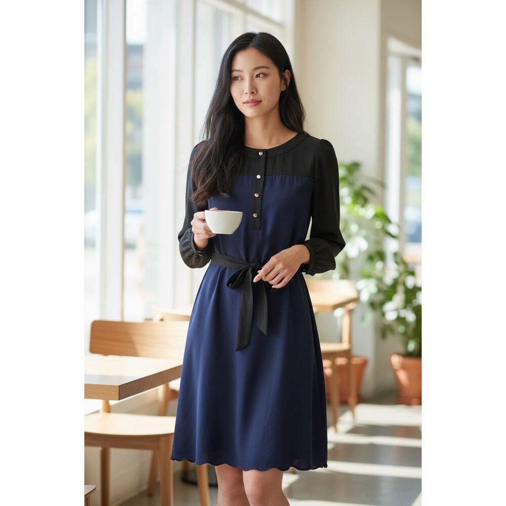 Kate Spade 100% Silk Colorblock Navy Blue & Black Popover Dress Classic Size 6